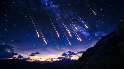 Fototapeta premium Multiple Perseid meteors streaking across a dark blue night sky, long exposure effect, soft glowing trails, detailed Milky Way, AI generated