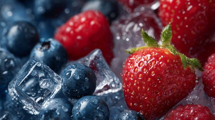 Obraz premium Macro close-up of summer berries with scattered ice cubes and sparkling water droplets, juicy textures highlighted by natural lighting
