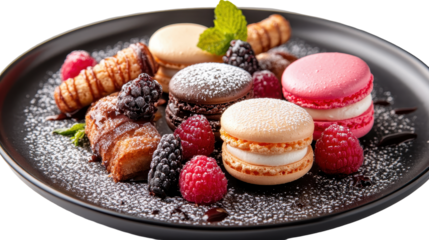 Plate of various dessert treats including macarons, chocolates, and assorted berries