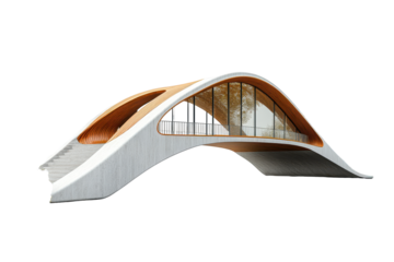 Elevated modern wood bridge with white surface and suspension cables isolated on a white background