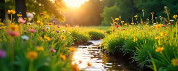 Golden hour sunlight bathes a lush green meadow, wildflowers blooming vibrantly, with a tranquil stream gently flowing nearby  Perfect for summer, nature, and tranquility themes ,  blossom,  warmth