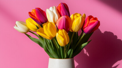 Obraz premium Vibrant tulips in a decorative vase, bold saturated hues of magenta, yellow and orange, energetic composition, contemporary art photography style, AI generated