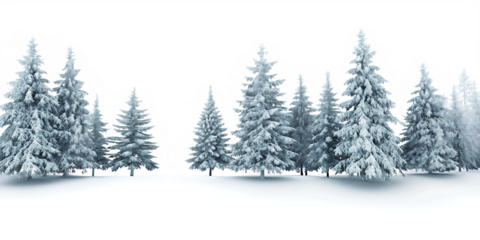 Snow covered pine trees in winter landscape isolated on a transparent background