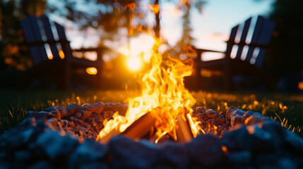 Outdoor fire pit in backyard, lawn chairs around glowing flames, dramatic late summer evening