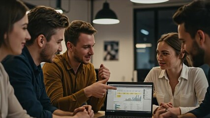 A group of five smiling individuals gathered around a laptop displaying business charts and data in a well-lit meeting space - Powered by Adobe
