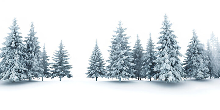 Snow covered pine trees in winter landscape isolated on a transparent background - Powered by Adobe