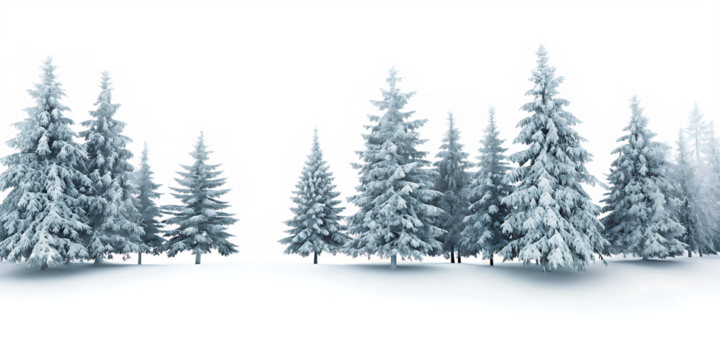 Snow covered pine trees in winter landscape isolated on a transparent background