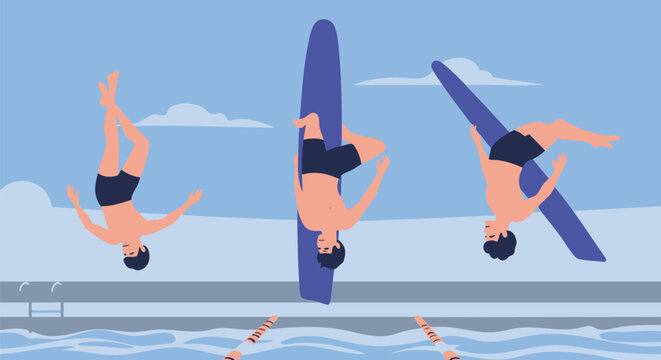 Vector illustration showing the sequential phases of a male athlete performing a backflip dive from a springboard into a swimming pool