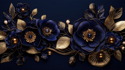 Naklejka premium Romantic floral pattern background with golden line art flowers over deep navy and burgundy tones, luxurious and elegant composition, AI generated