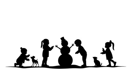 Children playing joyfully with snowman and pets during Christmas  