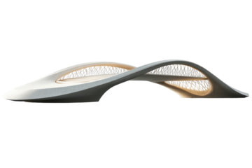 Elevated modern wood bridge with white surface and suspension cables isolated on a white background