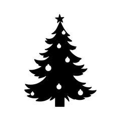 Obraz premium Black silhouette of Christmas tree with ornaments on white background 