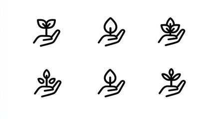 Six minimalist icons of open hands holding various sprouts and leaf designs