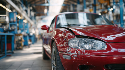 Crumpled front corner of red sports car, broken headlight and scratched hood, repair shop environment highlighting industrial feel and vehicle maintenance
