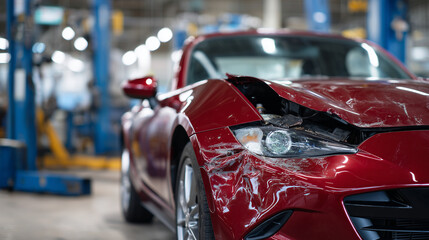Collision-damaged red sports car, close-up on crumpled hood and shattered headlight, auto repair shop setting with metallic tools in background