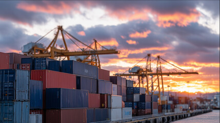 Low-angle shot of shipping containers reflecting vibrant sunset colors, silhouettes of cranes in the background, industrial and cinematic mood