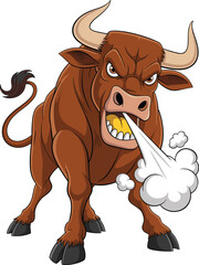Angry cartoon bull, aggressive stance, charging animal, vector illustration, steam puff, dynamic pose, muscular body, horns, rage, expressive character