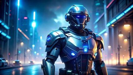 Sleek futuristic cyborg guardian patrolling neon city streets at night, embodying advanced technology and urban security.