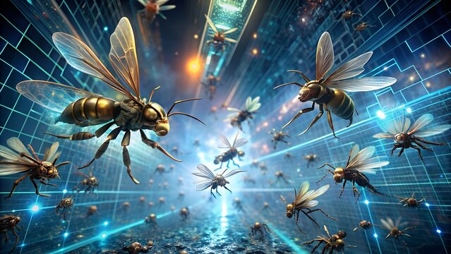 Swarming robotic insects invade futuristic digital cyberspace with vibrant neon grid pathways