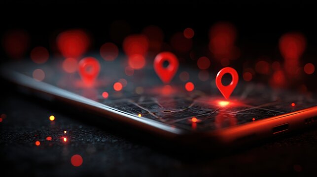 Red map pins on tablet showing a blurry city plan, with red bokeh background