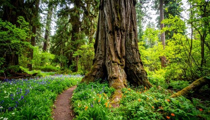 Lush forest path with wildflowers