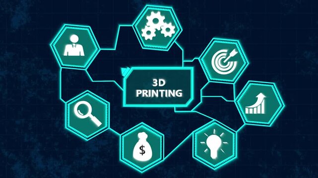 Digital network diagram with icons for 3D printing concepts and manufacturing growth 3D printing additive manufacturing