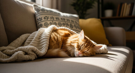 Orange cat sleeping on cozy sofa with blanket