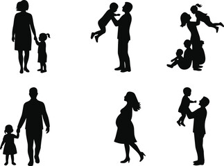 Silhouettes of family moments showing parents with children, pregnant woman, father lifting child, mother playing with kids, family bonding