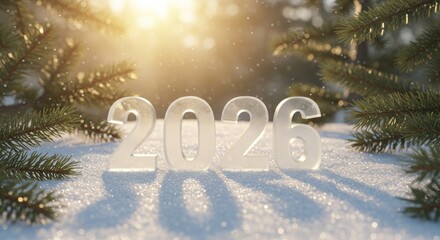 Ice numbers 2026 on snowy ground with sunlight through trees  