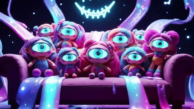 Eerie Gathering of Cute Cyclops Dolls on a Melting Sofa Under a Sinister Neon Smile