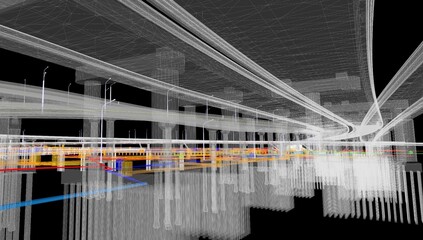 BIM wireframe model of highway interchange with underground utilities and structures