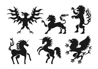 Heraldic animals for coat of arms set. Heraldry crest elements mascots lion, unicorn, eagle and fantasy griffin silhouette collection. Medieval emblems for kingdom vector graphic illustration