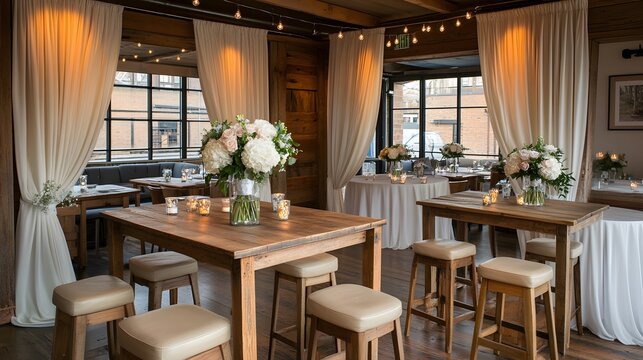 A rustic-chic dining area with long tables, round tables, and banquet seating, highlighted by cream-colored drapes and a bouquet of pastel-colored flowers.