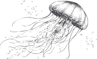 Jellyfish vector sketch hand drawn line art in isolated, jellyfish in black and white style — stock vector