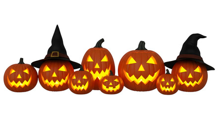 Group of glowing carved halloween pumpkins with witch hats isolated on transparent background