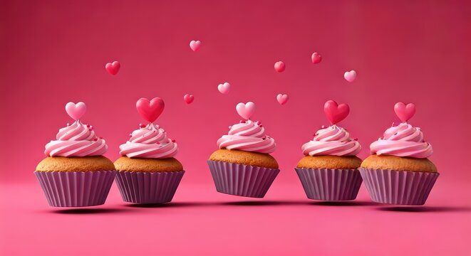 Floating cupcakes, pink frosting, and hearts - Powered by Adobe
