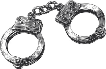 Handcuffs vector sketch hand drawn line art on icon, handcuffs vintage engraving style illustration — stock vector