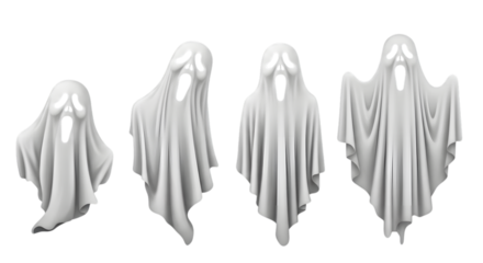 Four white ghosts with screaming faces, isolated on transparent background