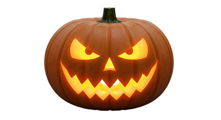 Fototapeta premium A carved jackolantern with a scary face, glowing with an eerie orange light from within, isolated on a transparent background
