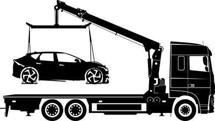 Silhouette of a flatbed truck with a car after an accident. Damaged car. Tow truck.