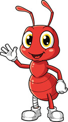 Cartoon red ant character, waving hand, cheerful insect mascot, white boots, bandaged leg, vector illustration, children’s theme, isolated background