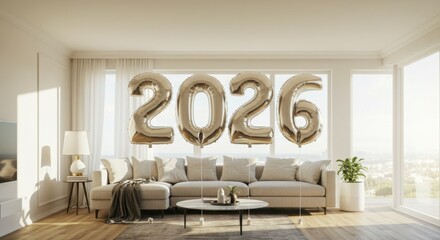 Gold balloons displaying the number 2026 in a modern living room  