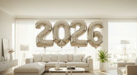 Silver balloons spelling 2026 in modern living room decor  
