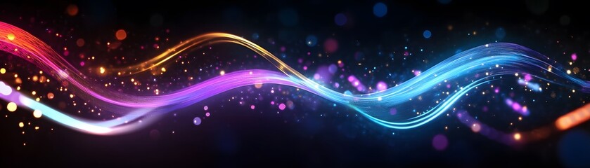 A dynamic display of vibrant, flowing lines against a dark background, accented by shimmering particles.