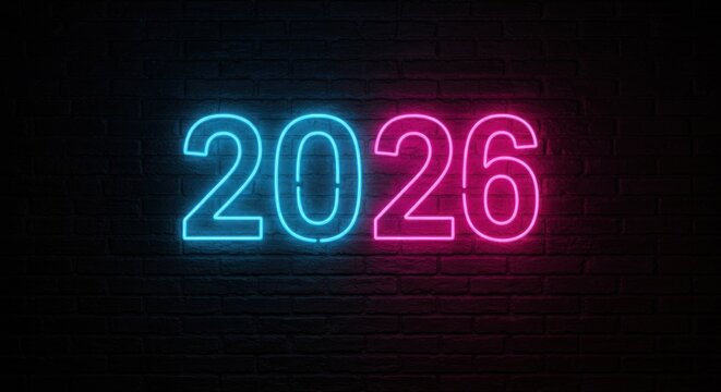 Neon numbers 2026 in blue and pink glowing light on black background  