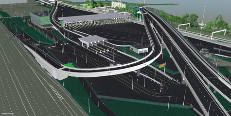 BIM 3D model of modern highway interchange with toll plaza and overpasses