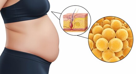 Detailed view of abdominal fat cells and skin layers, illustrating subcutaneous tissue structure and adipose cells