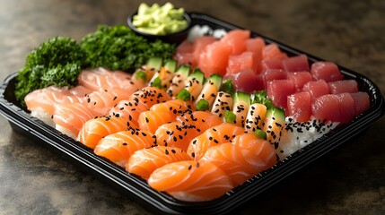 A diverse selection of fresh sushi, featuring various fish like salmon and tuna, presented in a black tray, atop a textured surface.