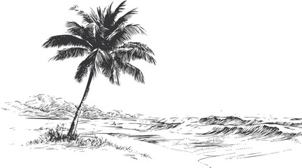 Coastline vector sketch hand drawn line art in nature, palm tree on tropical beach style — stock vector