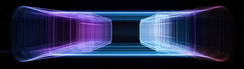 A futuristic tunnel effect, composed of glowing, translucent, box-like structures with vibrant purple, blue, and violet hues, creating a dynamic and otherworldly atmosphere.